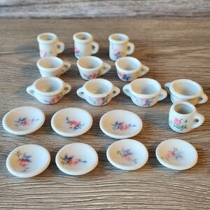 Vintage Porcelain Tea Set 17 Pieces And 1 Bonus Piece Blue Pink Miniatures